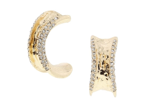 Wide Hammered Gold Hoop with Curled Up Crystal Edges Earrings