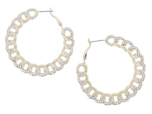 Sideways Crystal Accented Curb Chain Hoop Earrings