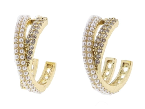 Criss Cross Mini Crystal Pave and Mini Pearl Pave Hoop Earrings
