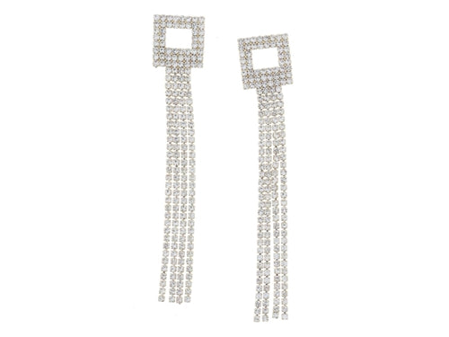 Crystal Pave Open Square Post with Crystal Fringe Earrings