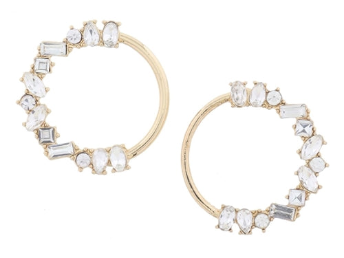 Gold Circle with Multi Clear Crystal Portion Earrings