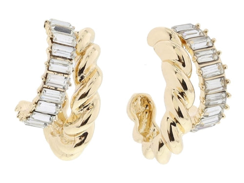Chunky Gold Twist with Baguette Crystal Double Hoop Earrings