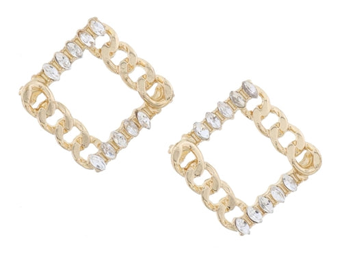 Sidways Square Gold Curb Chain and Clear Marquise Crystal Earrings
