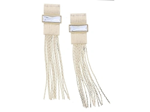 Textured Gold Rectangle and Center Baguette Crystal Post with Gold Fringe Earrings