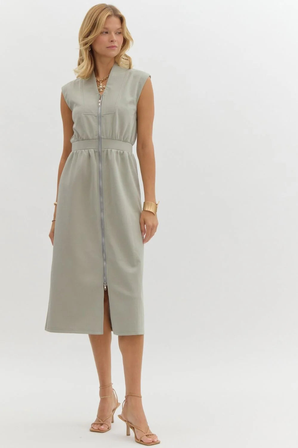 Sage Sleeveless Zip-up Midi Dress