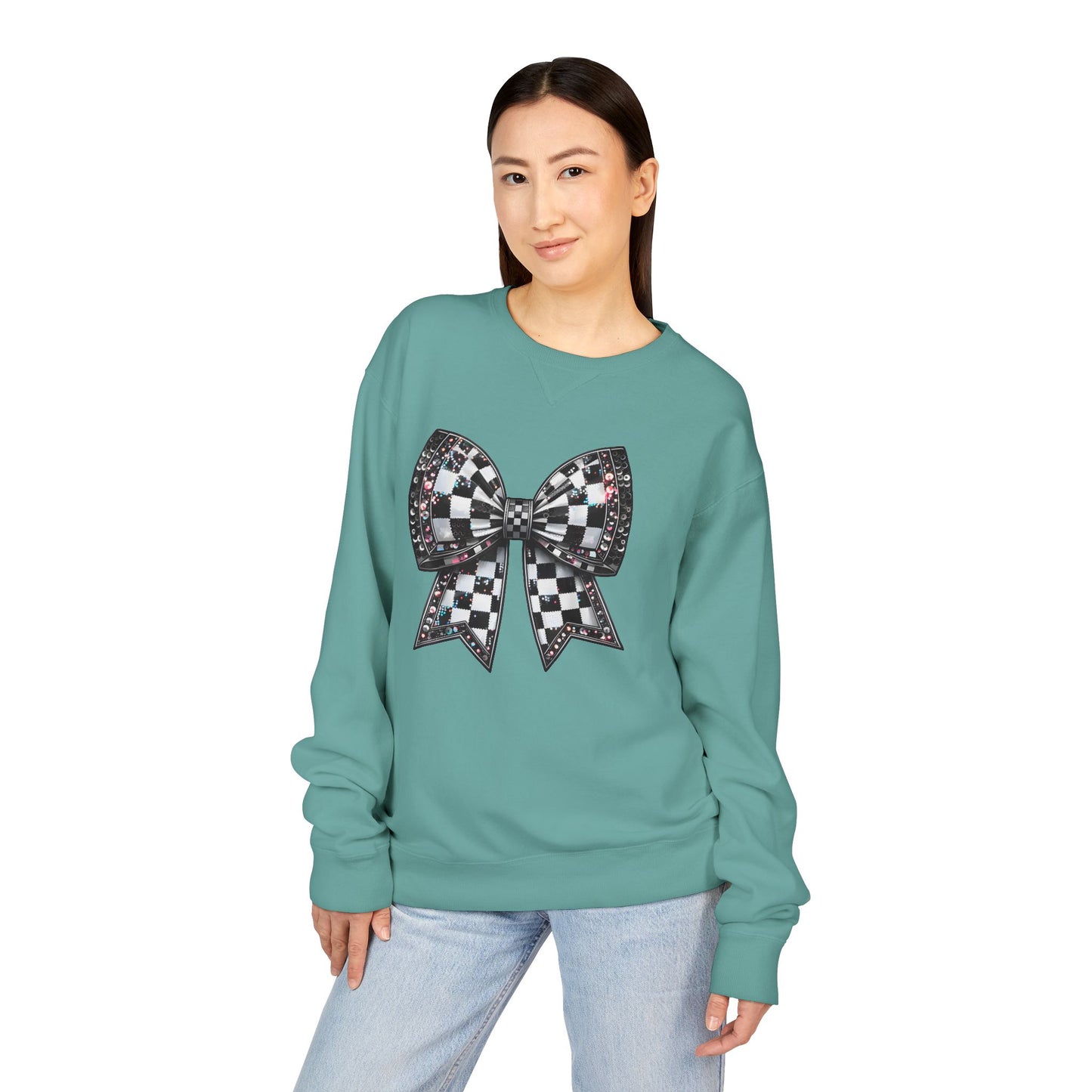 Checkered Bow Sweatshirt - Cozy Crewneck, Gift for Her, Racing Fan Apparel, Casual Style