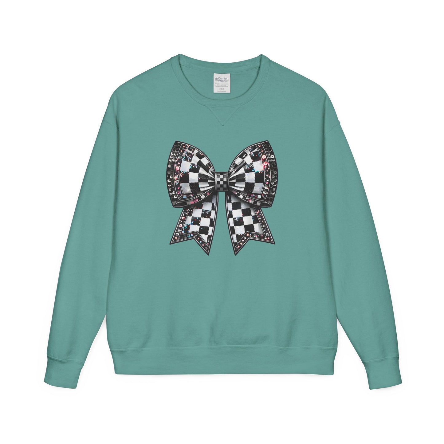 Checkered Bow Sweatshirt - Cozy Crewneck, Gift for Her, Racing Fan Apparel, Casual Style