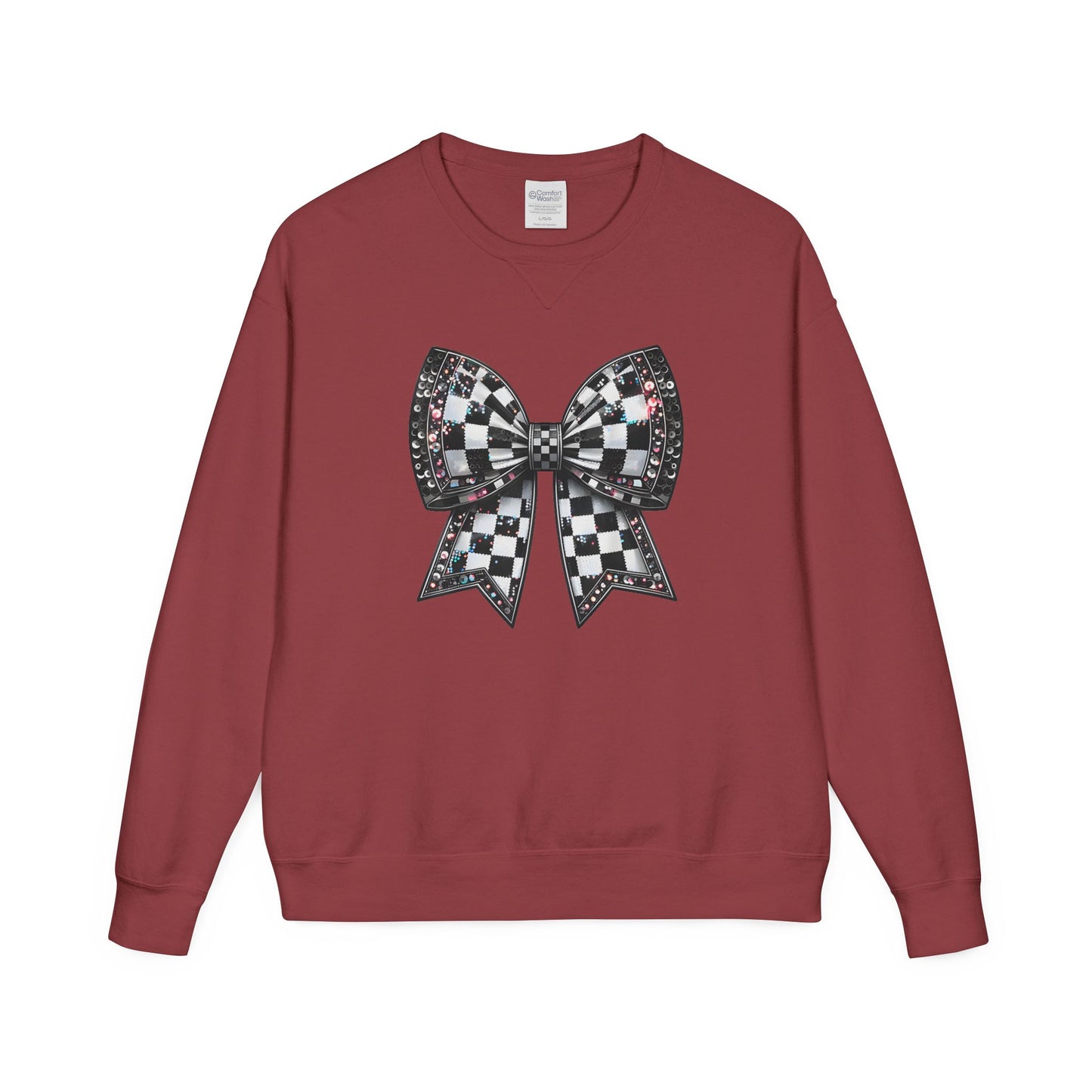 Checkered Bow Sweatshirt - Cozy Crewneck, Gift for Her, Racing Fan Apparel, Casual Style