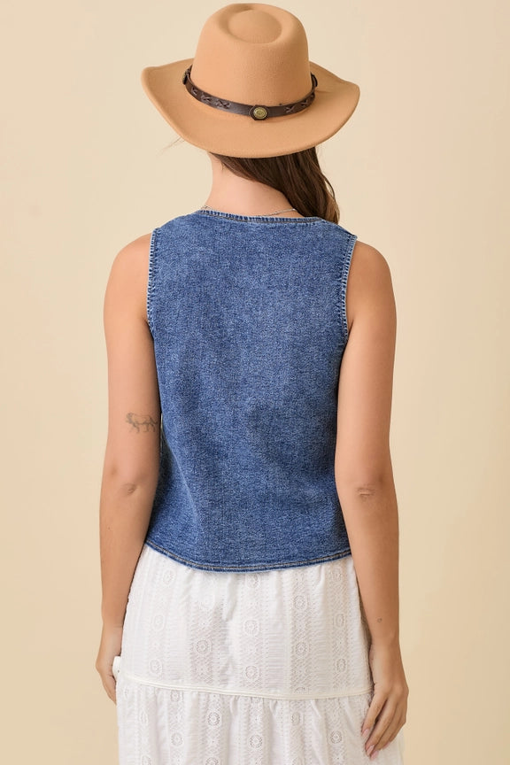 Denim Vest with Front Tie Strap and Embroidery