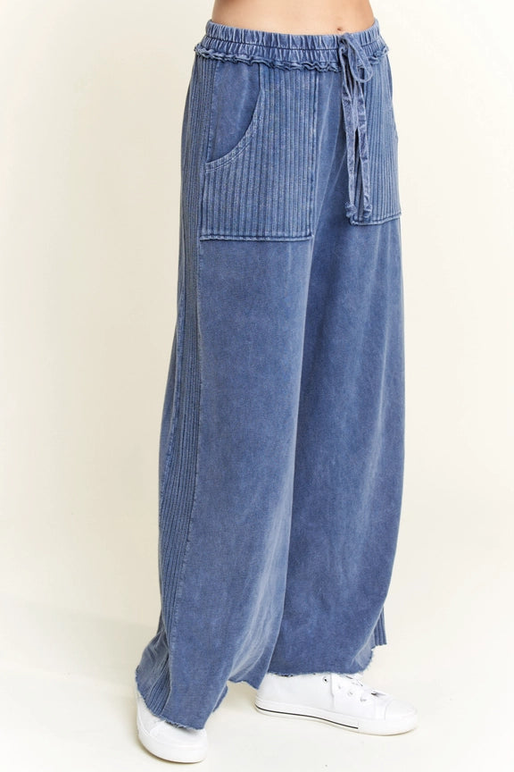 Mineral Wash Side Knit Detail Wide Leg Pants