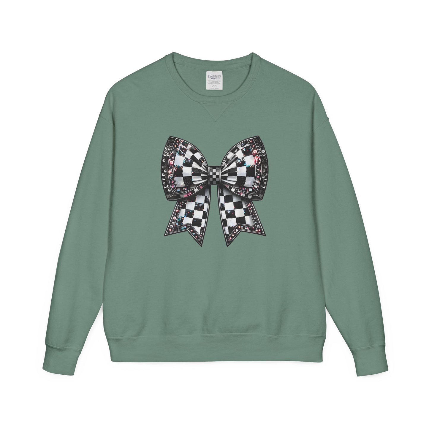 Checkered Bow Sweatshirt - Cozy Crewneck, Gift for Her, Racing Fan Apparel, Casual Style