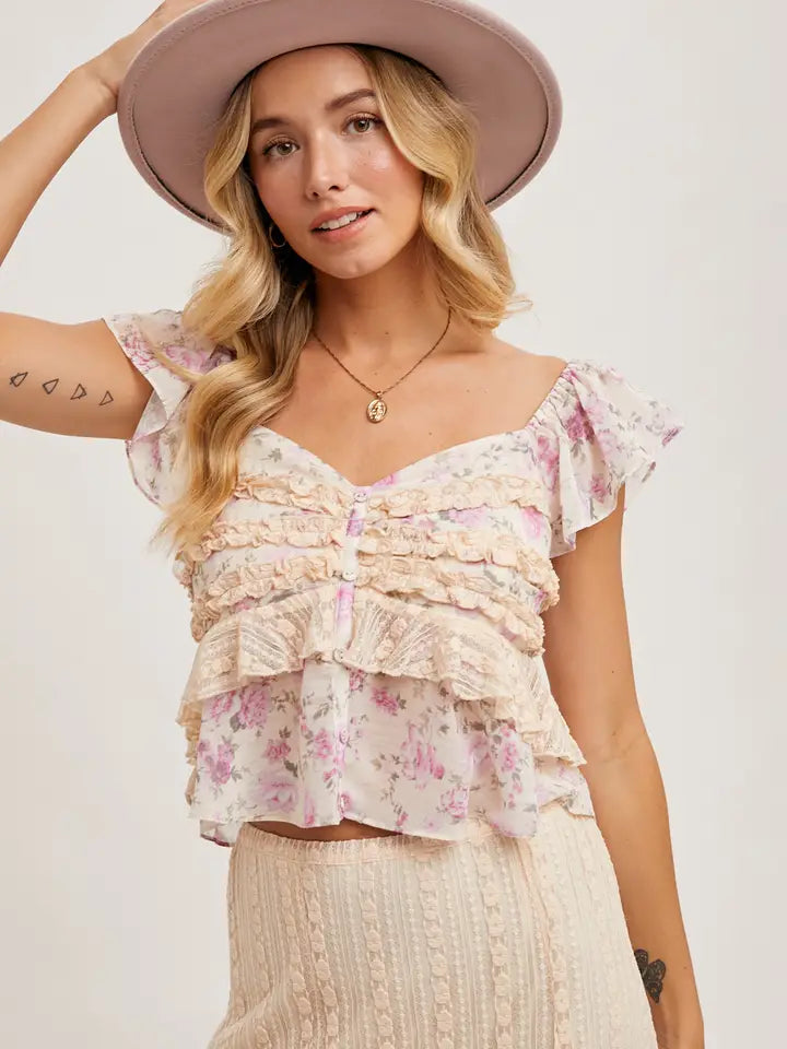 Floral Print Ruffle Lace Trimmed Sweetheart Neck Top