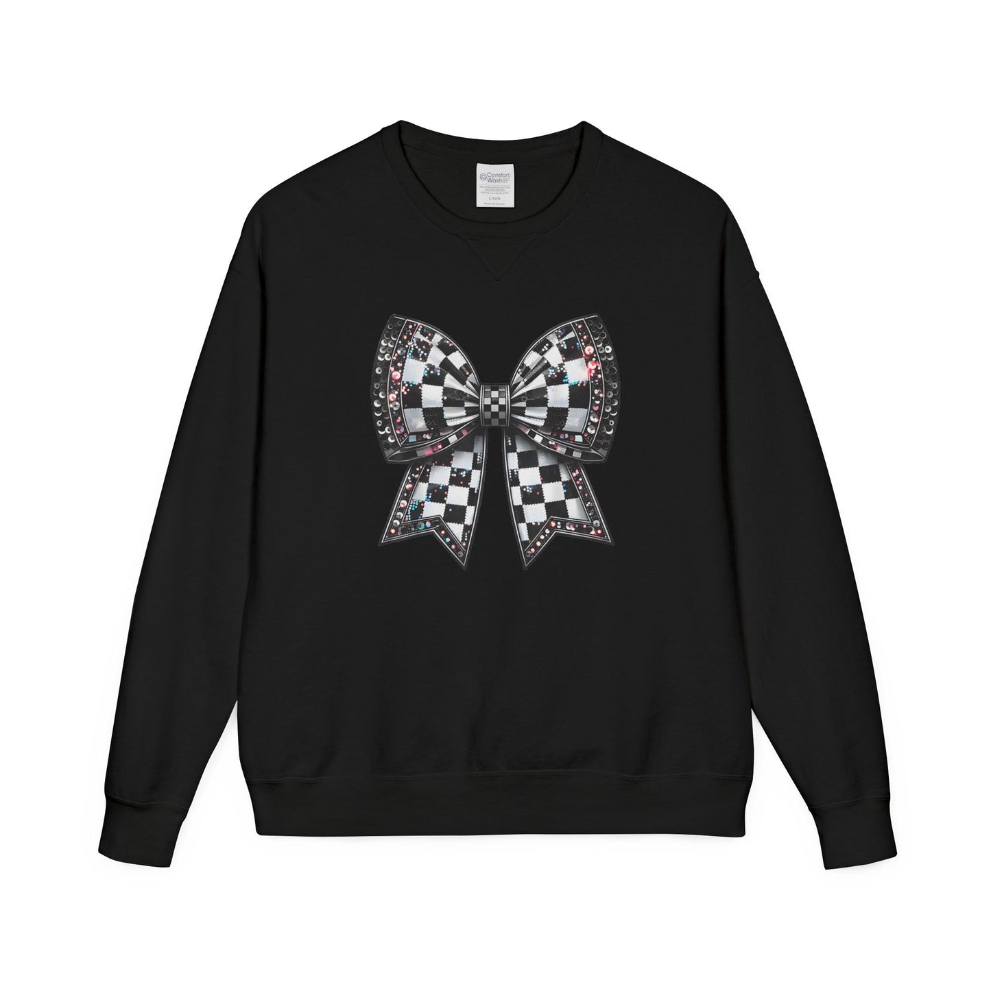 Checkered Bow Sweatshirt - Cozy Crewneck, Gift for Her, Racing Fan Apparel, Casual Style