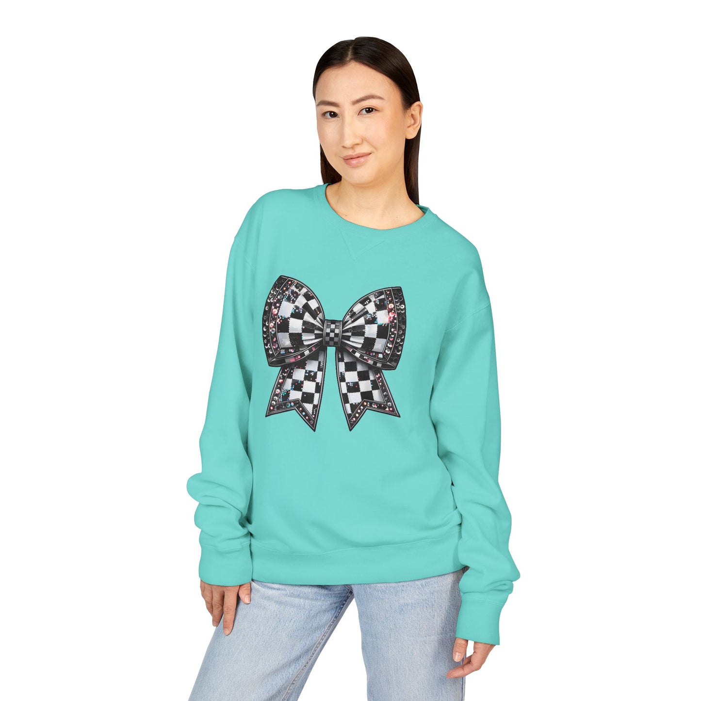 Checkered Bow Sweatshirt - Cozy Crewneck, Gift for Her, Racing Fan Apparel, Casual Style