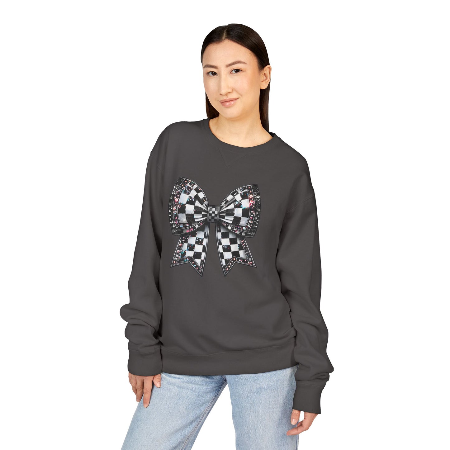 Checkered Bow Sweatshirt - Cozy Crewneck, Gift for Her, Racing Fan Apparel, Casual Style