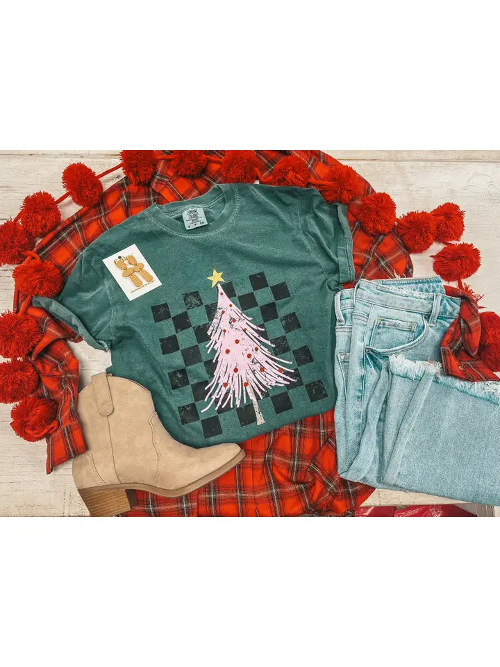 Checkered Pink Christmas Tree Tee