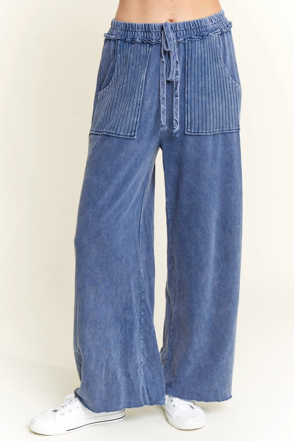 Mineral Wash Side Knit Detail Wide Leg Pants