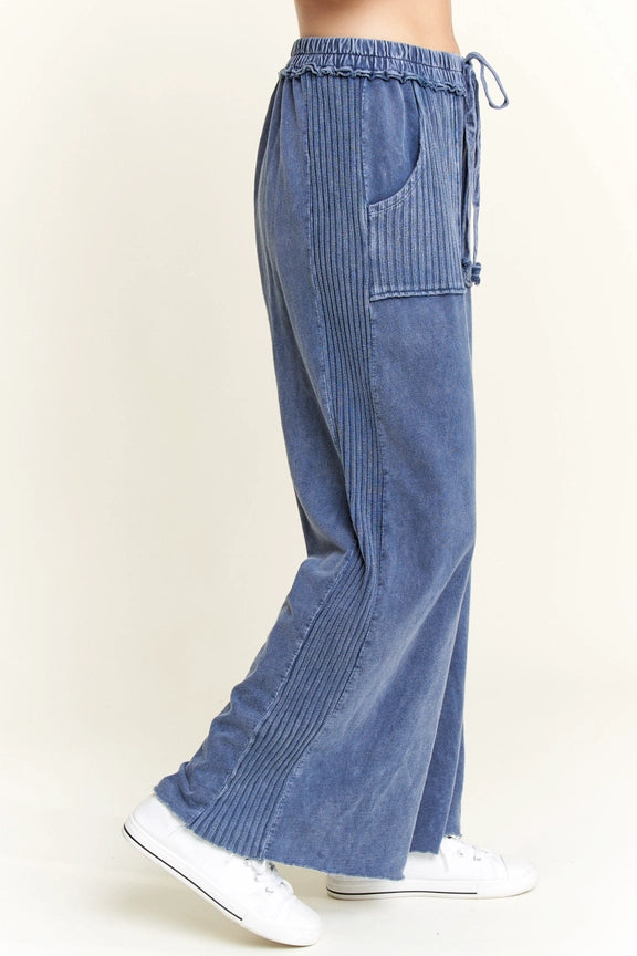 Mineral Wash Side Knit Detail Wide Leg Pants