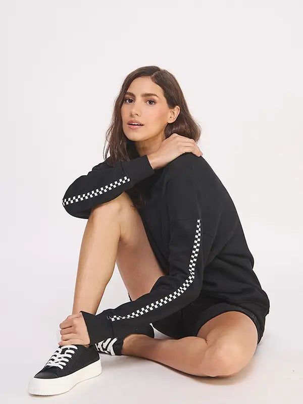 Round Neck Long Checkerboard Sleeve Sweatshirt