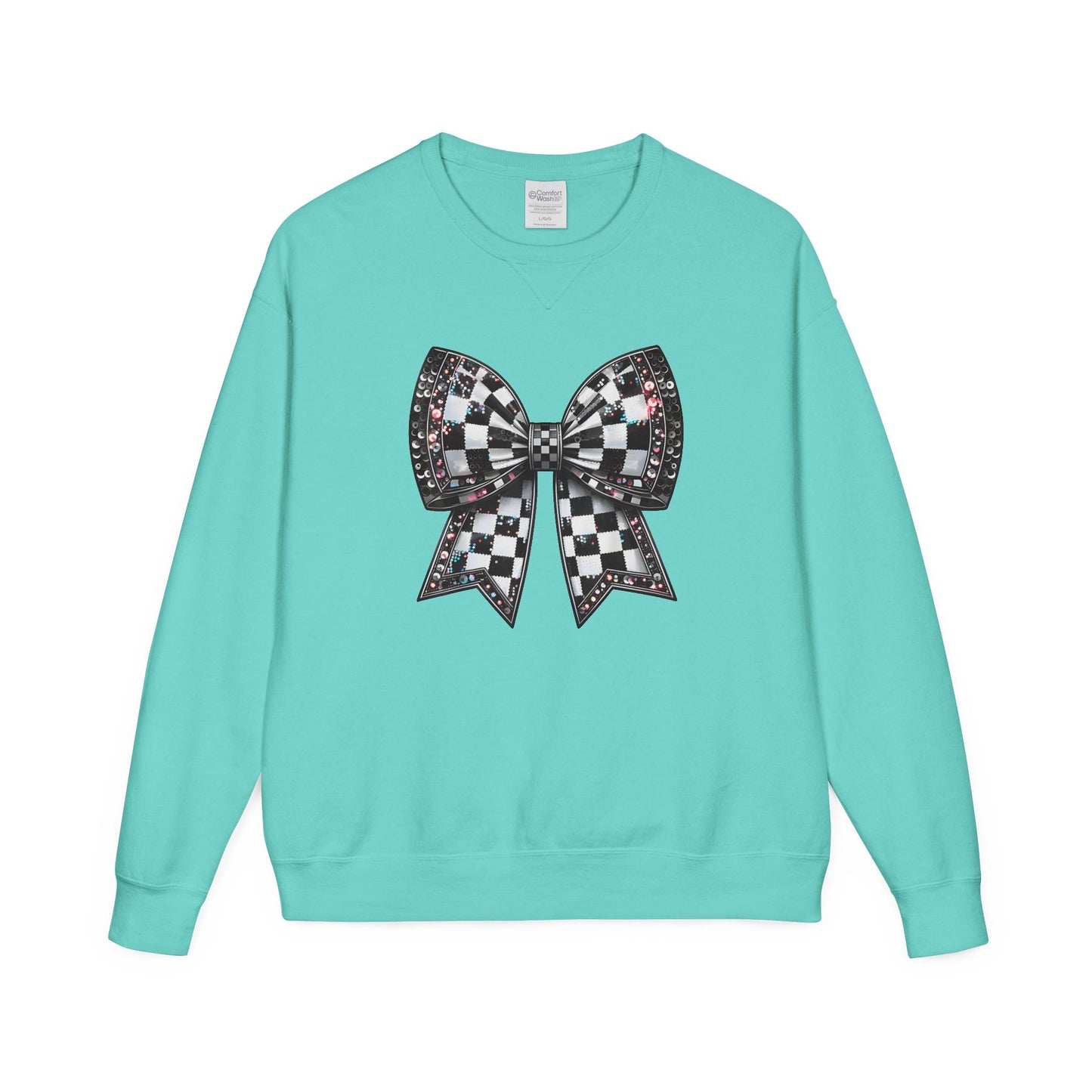 Checkered Bow Sweatshirt - Cozy Crewneck, Gift for Her, Racing Fan Apparel, Casual Style