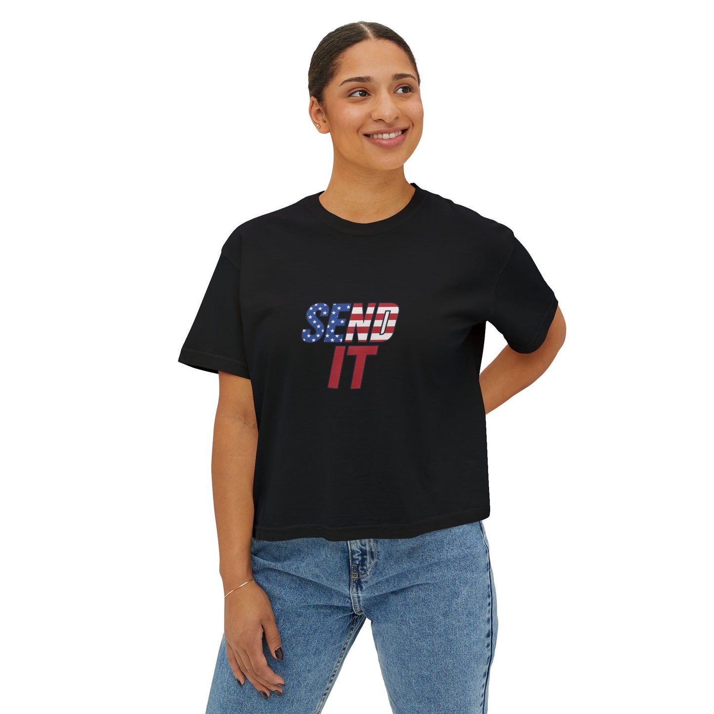 Patriotic Women's Boxy Tee, Casual Graphic T-Shirt, Comfortable Summer Top