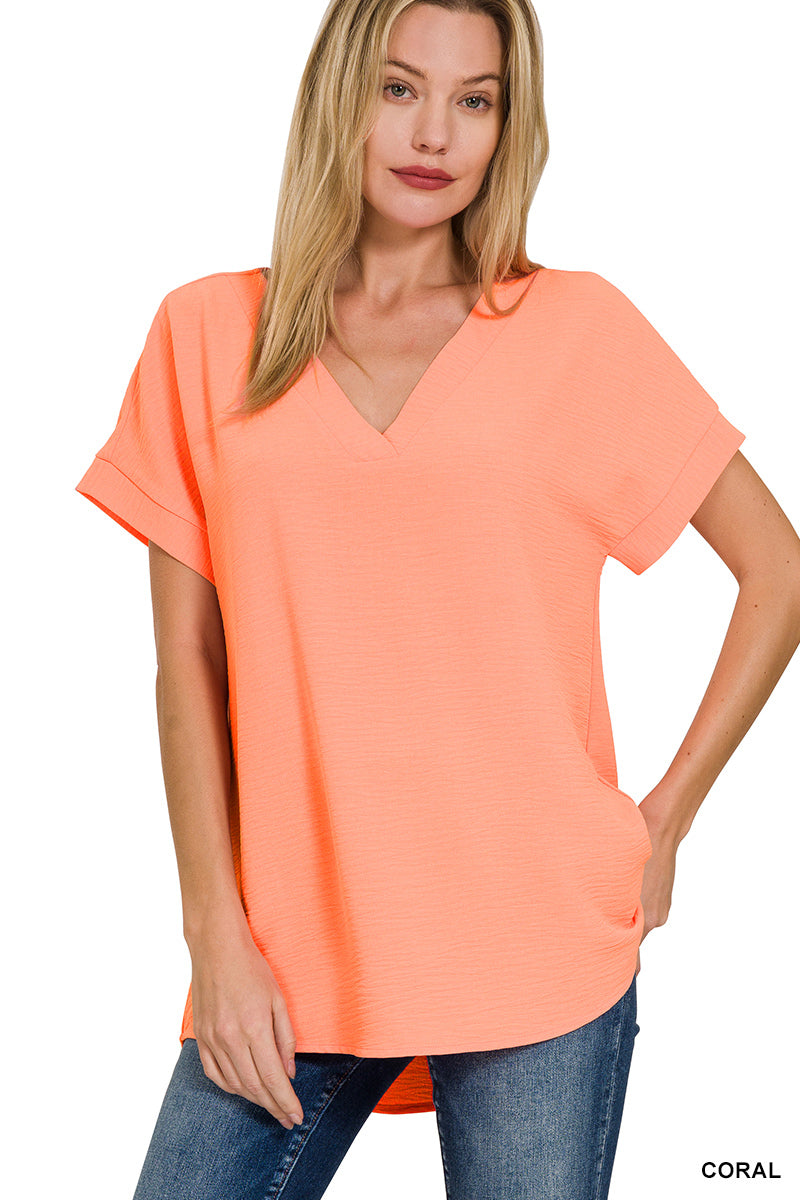 Zenana Woven airflow v-neck hi-low hem top