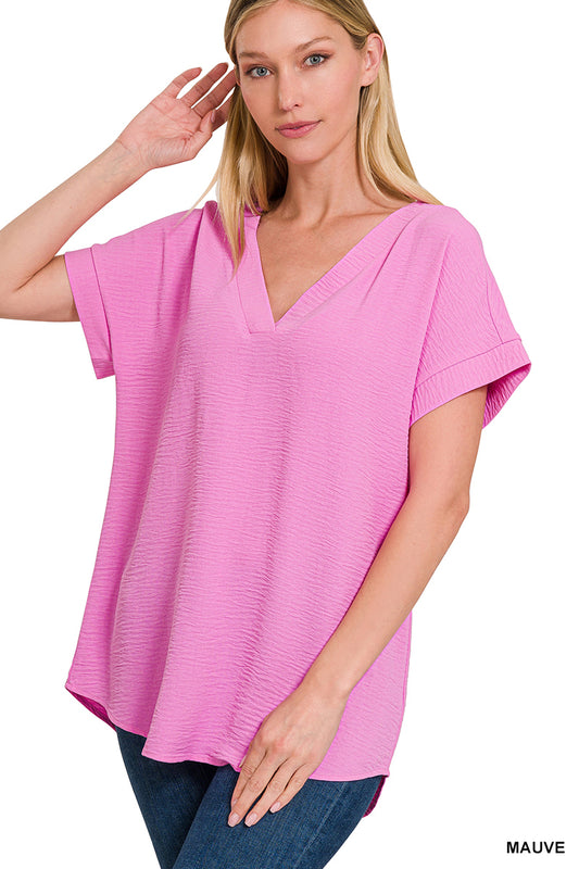 Zenana Woven airflow v-neck hi-low hem top