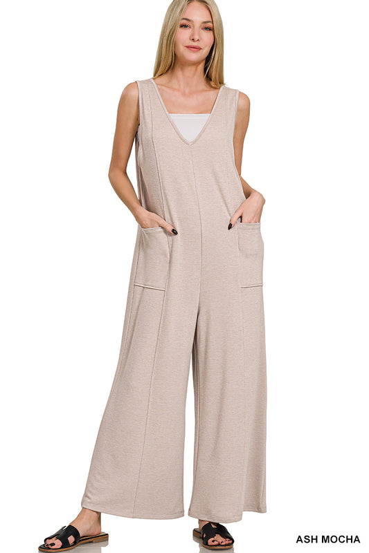Zenana French terry deep v neck jumpsuits