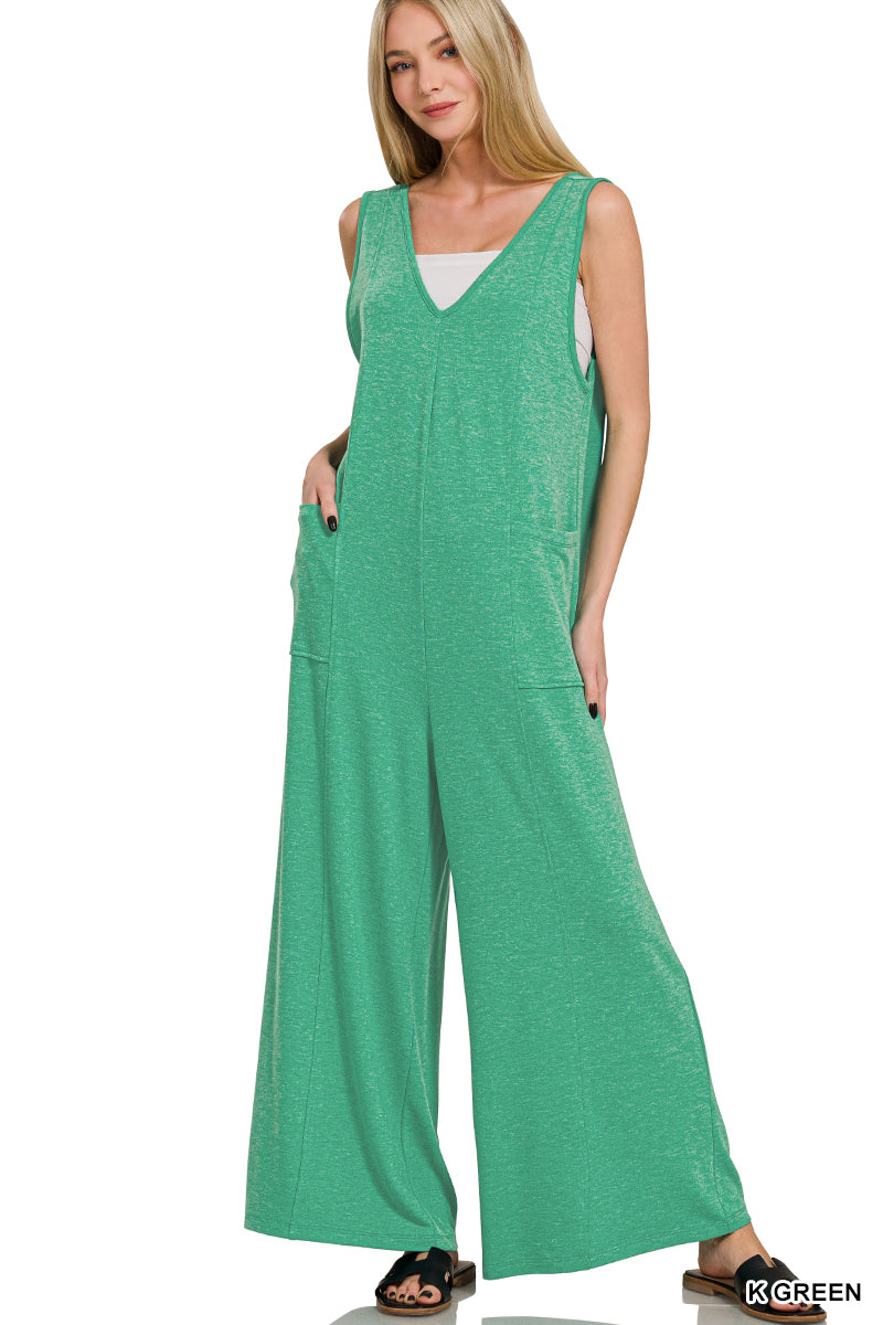 Zenana French terry deep v neck jumpsuits