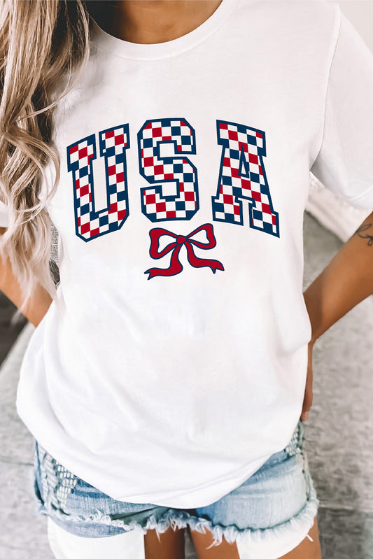 White Checkered USA Graphic Casual Tee