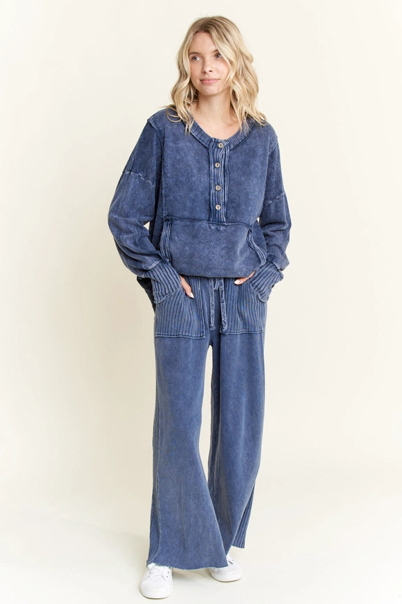Mineral Wash Side Knit Detail Wide Leg Pants