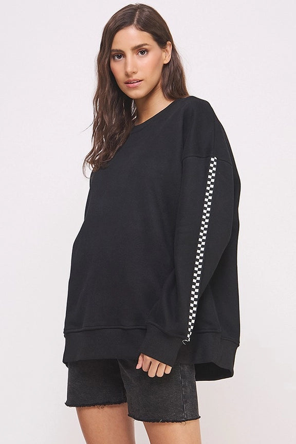 Round Neck Long Checkerboard Sleeve Sweatshirt