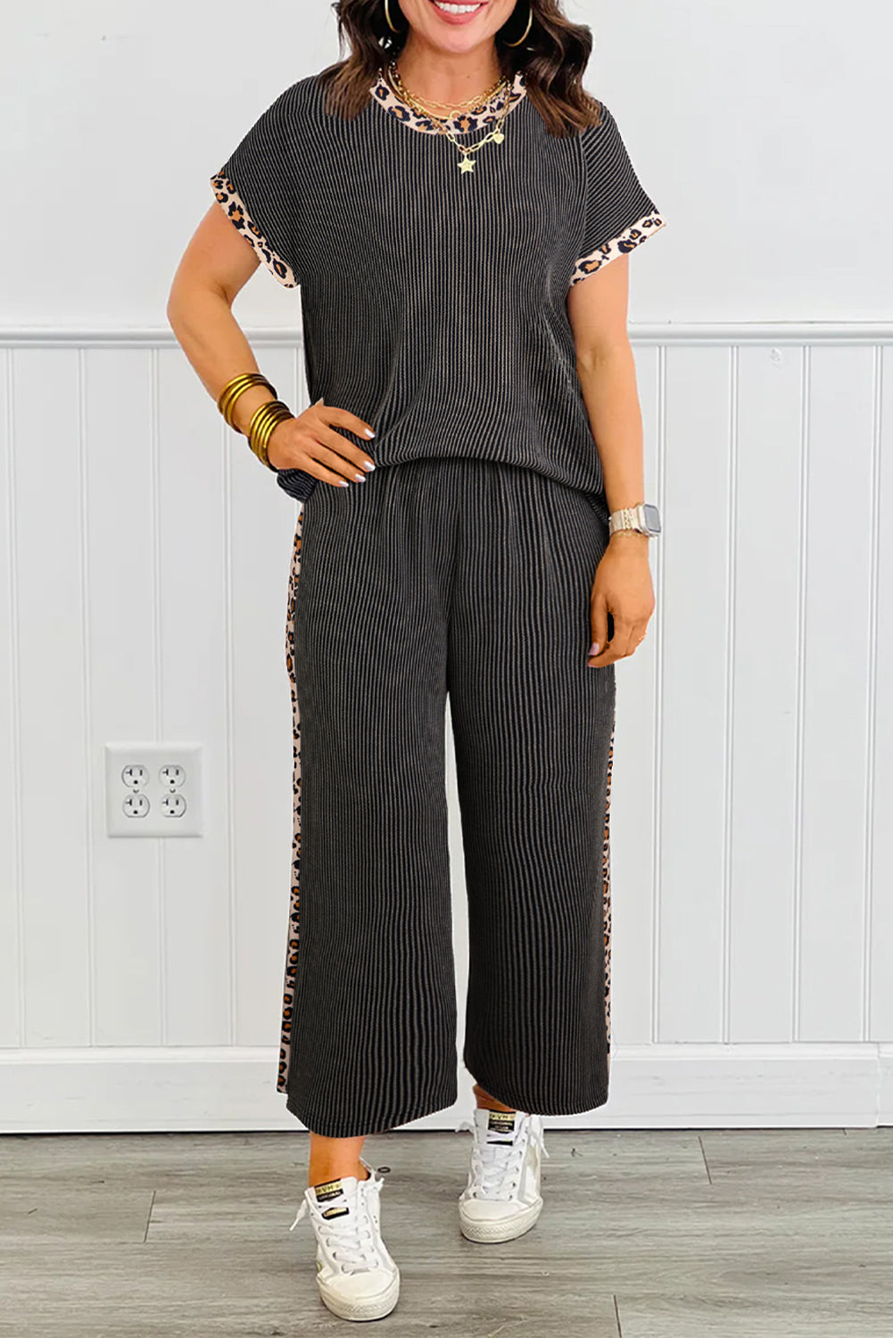 Carbon Grey Leopard T Shirt and Cropped Pants Set