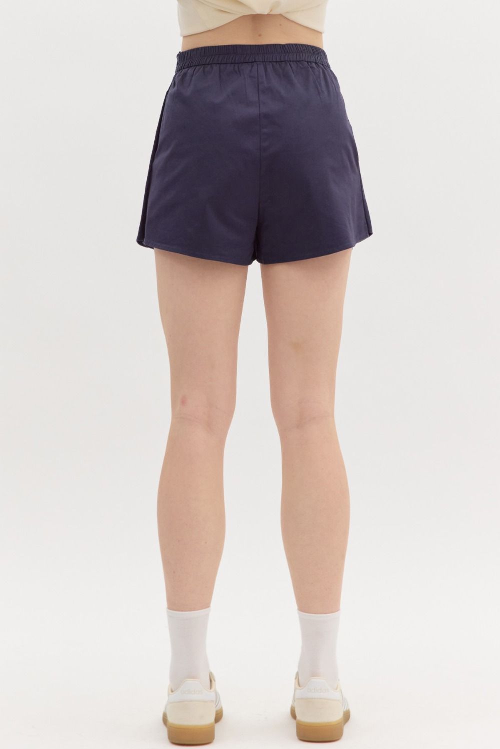 Solid High Waist Pleated Short - Navy