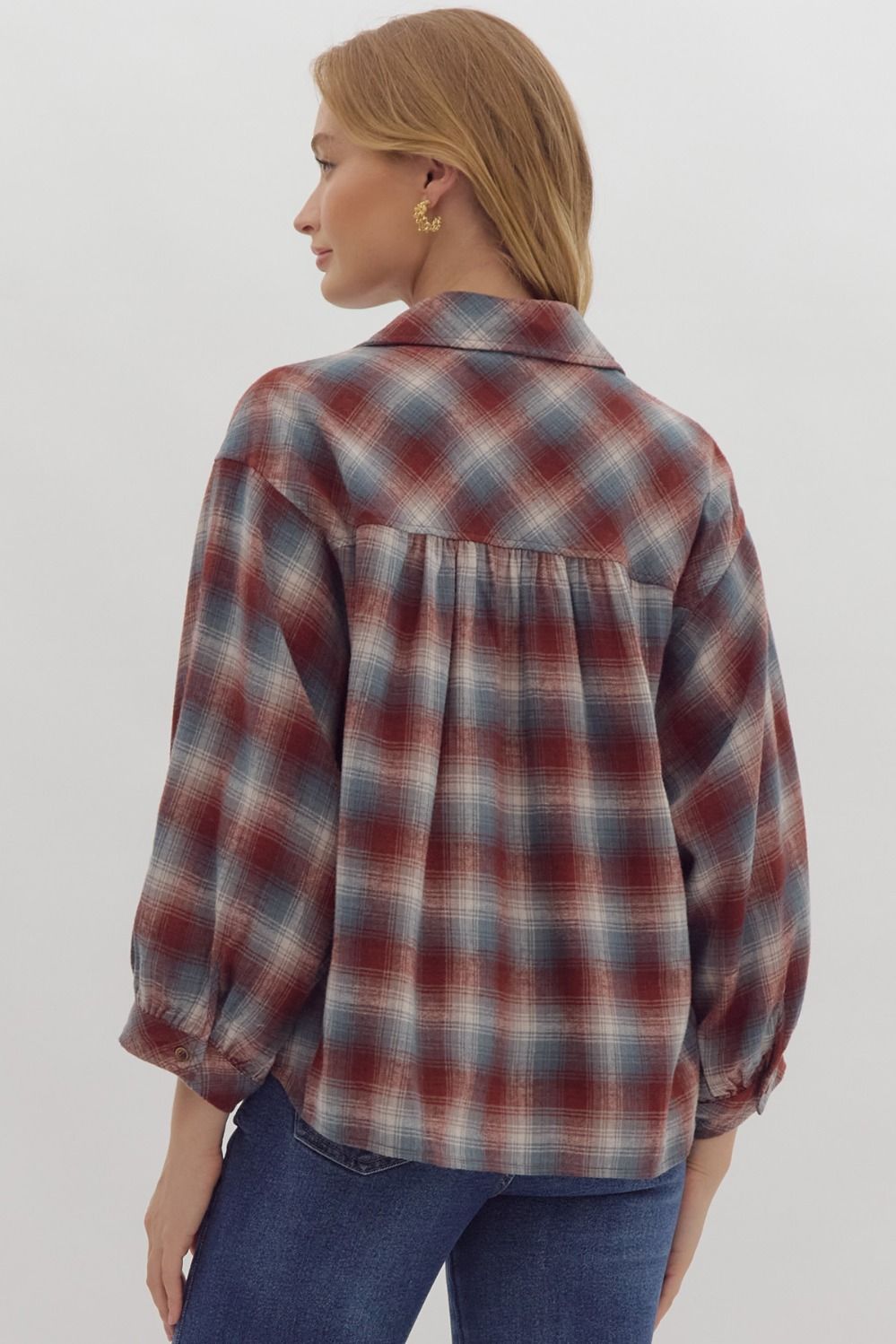 Plaid print 3/4 sleeve button down top