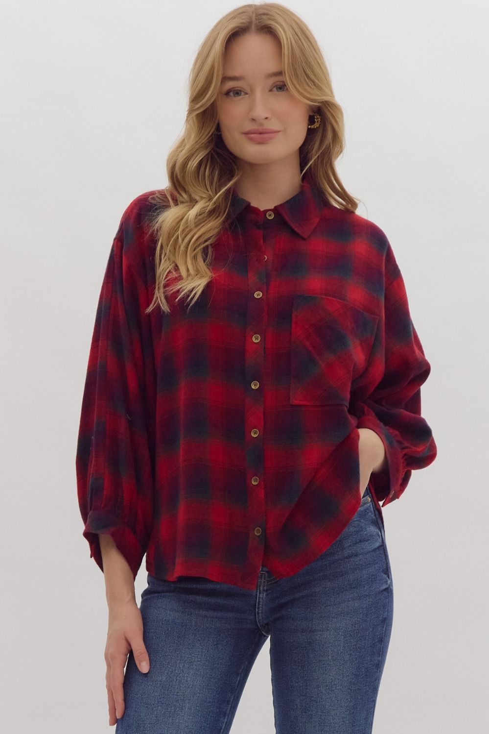 Plaid print 3/4 sleeve button down top