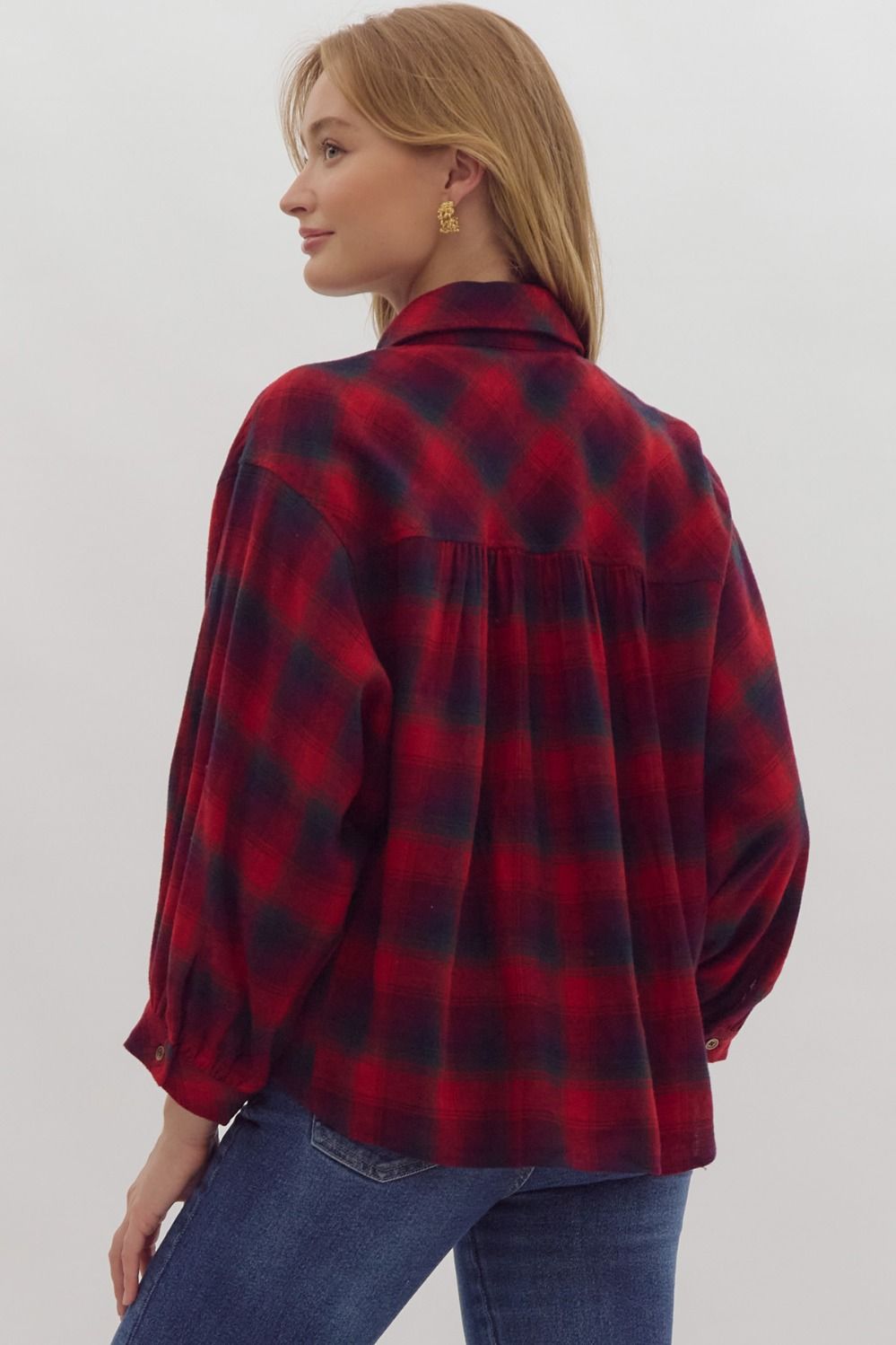 Plaid print 3/4 sleeve button down top