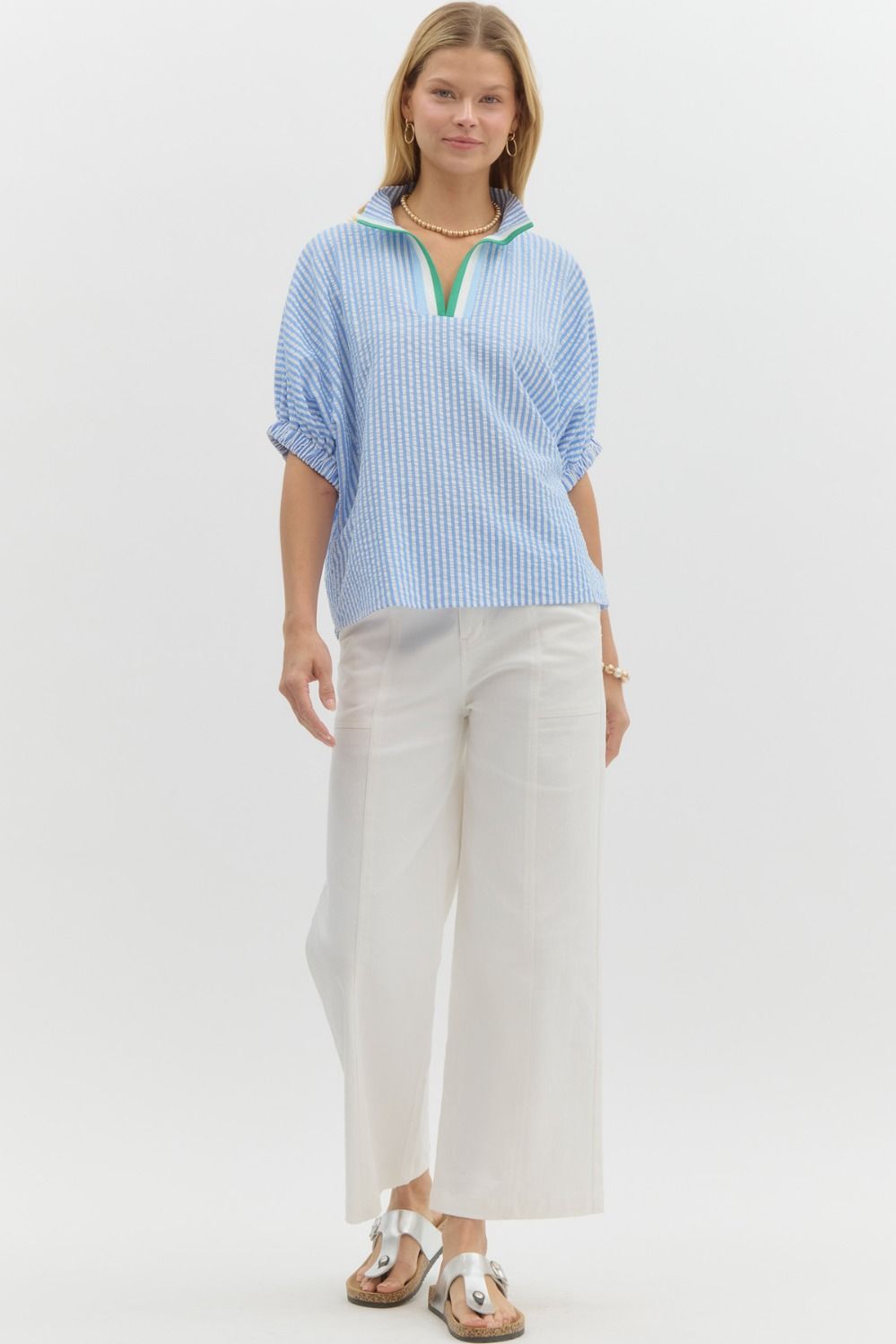 Blue Stripe Elastic Sleeve Top