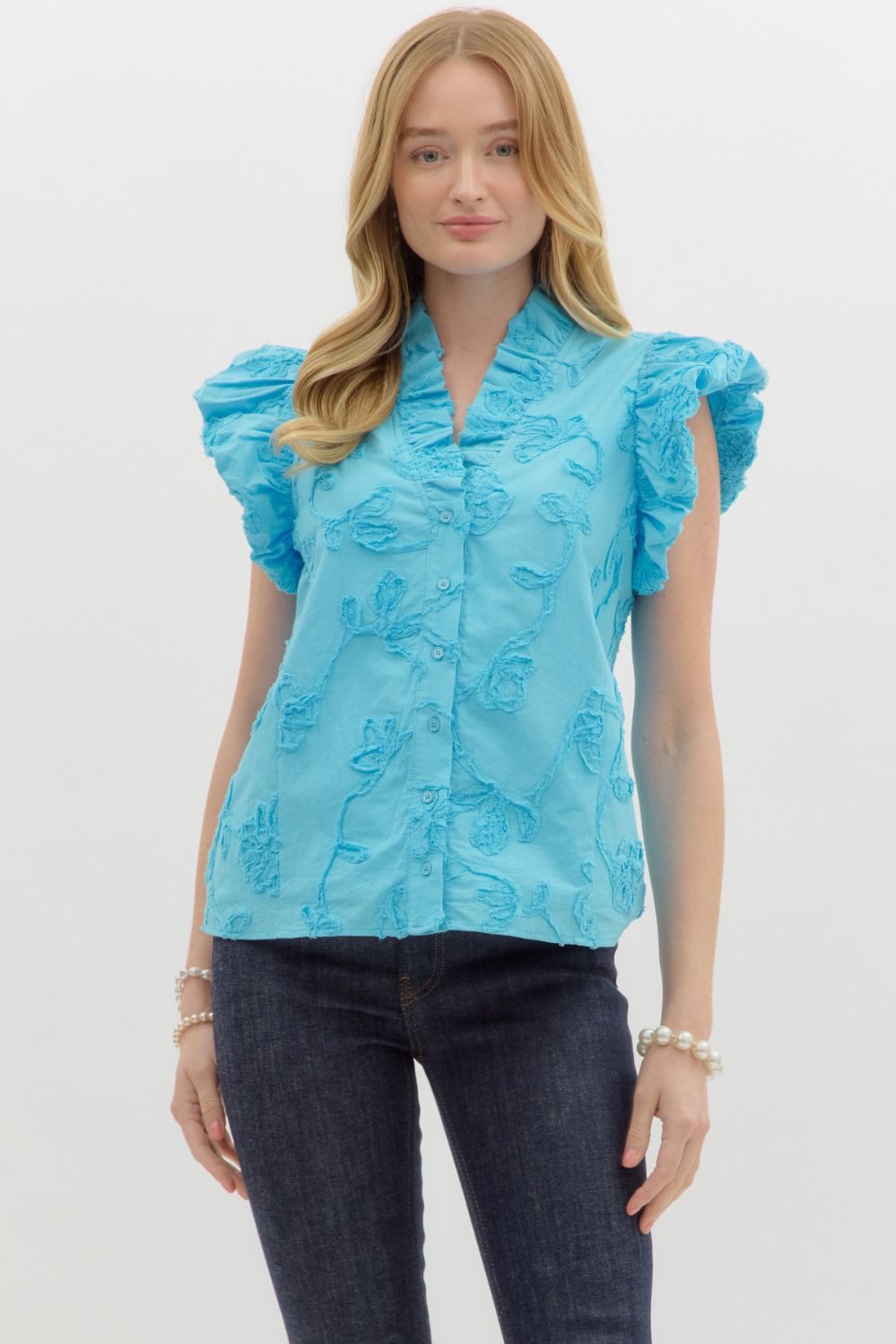Solid Cotton Floral V Neck Top