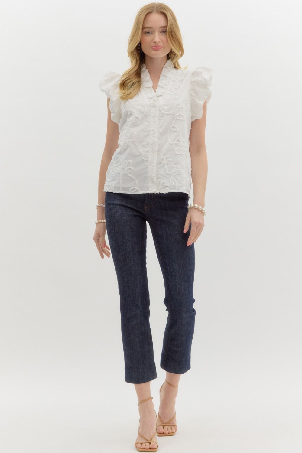 Solid Cotton Floral V Neck Top