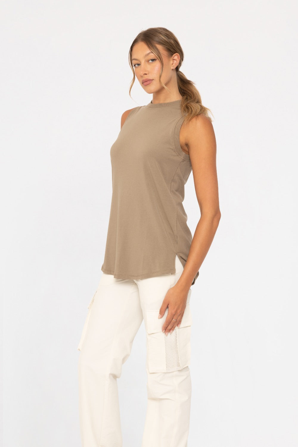 Mono B Notched Sleeveless Flowy Tank Top