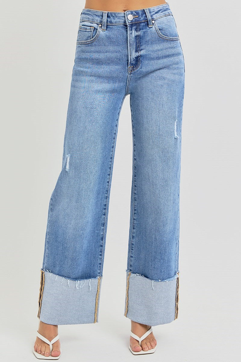 Risen HIGH RISE-ANKLE WIDE-CUFFED JEANS