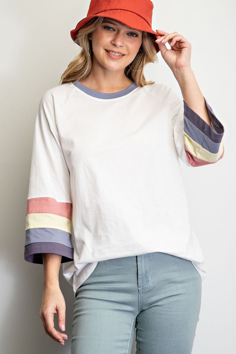SO CASUAL AND COOL IN THIS COLOR BLOCK 3/4 SLEEVES COTTON SPAN TEE