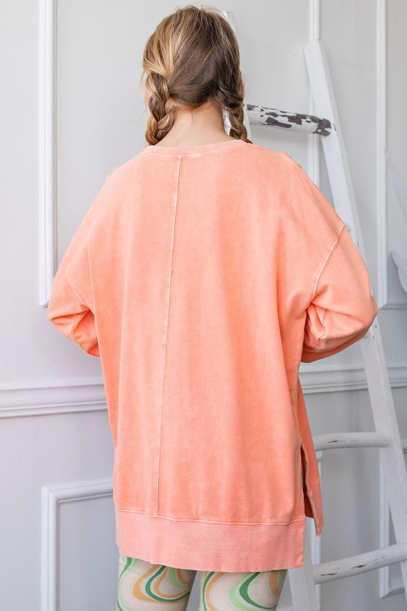 LONG SLEEVE OIL WASHED FRENCH TERRY KNIT PULLOVER TOP