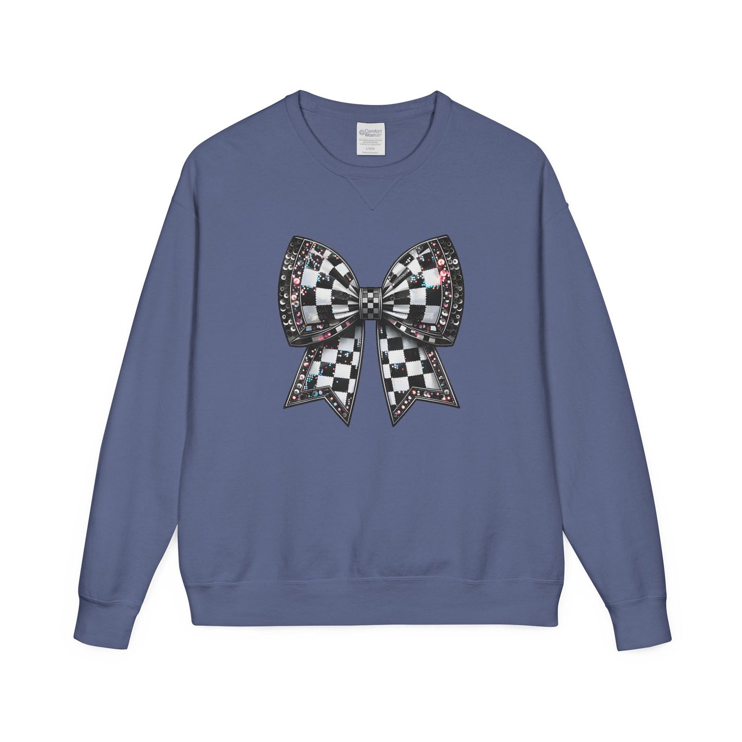 Checkered Bow Sweatshirt - Cozy Crewneck, Gift for Her, Racing Fan Apparel, Casual Style