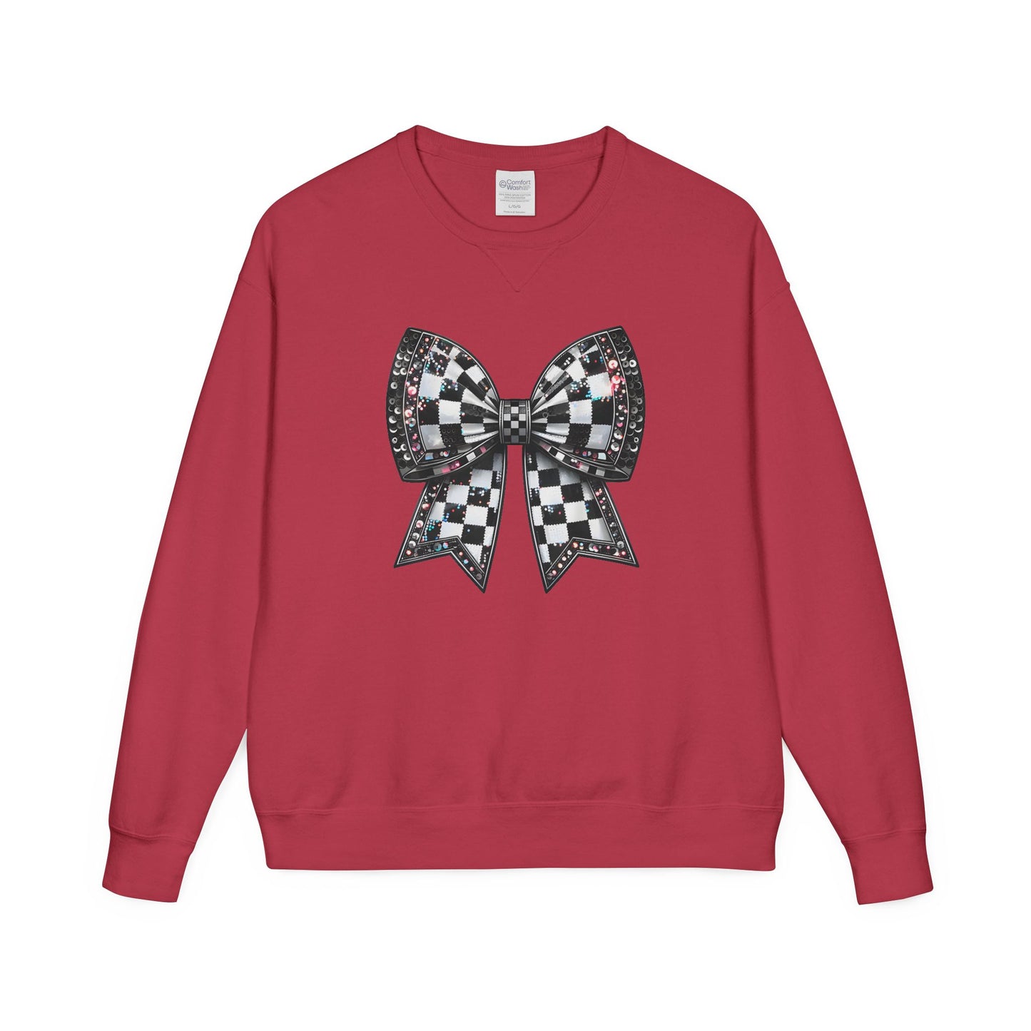 Checkered Bow Sweatshirt - Cozy Crewneck, Gift for Her, Racing Fan Apparel, Casual Style