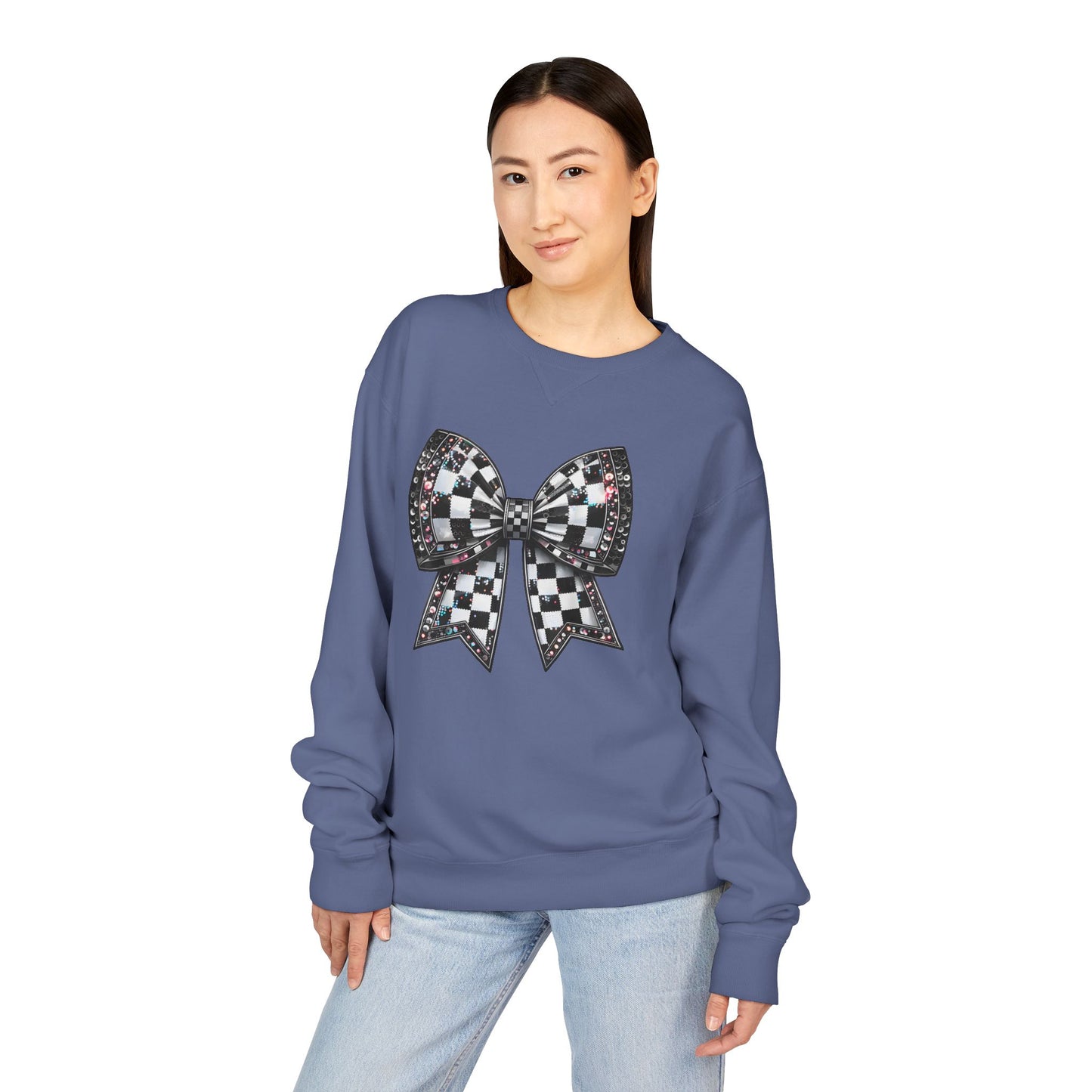 Checkered Bow Sweatshirt - Cozy Crewneck, Gift for Her, Racing Fan Apparel, Casual Style