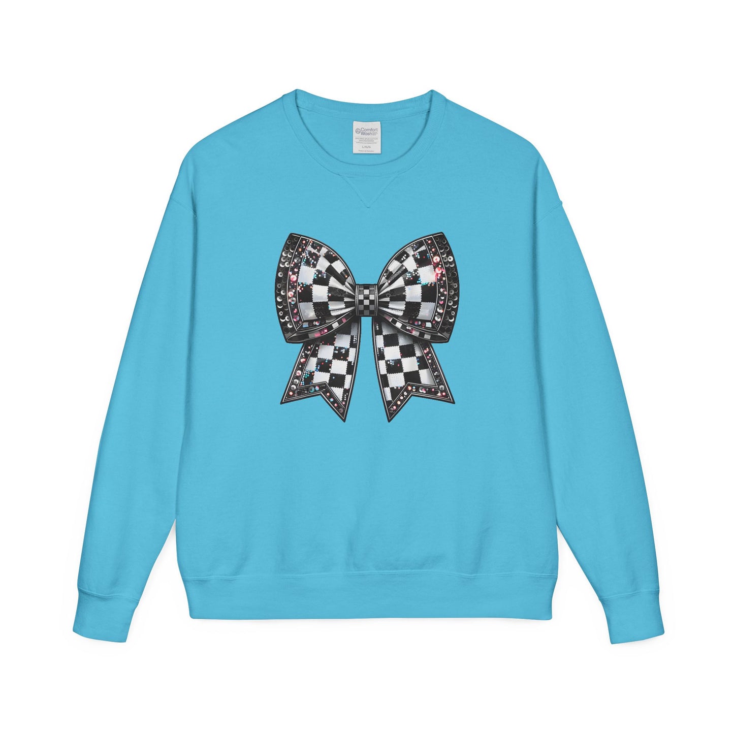 Checkered Bow Sweatshirt - Cozy Crewneck, Gift for Her, Racing Fan Apparel, Casual Style