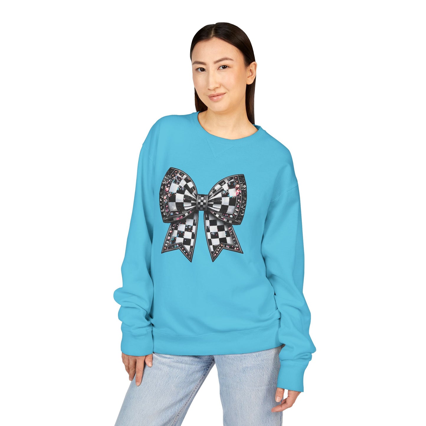 Checkered Bow Sweatshirt - Cozy Crewneck, Gift for Her, Racing Fan Apparel, Casual Style