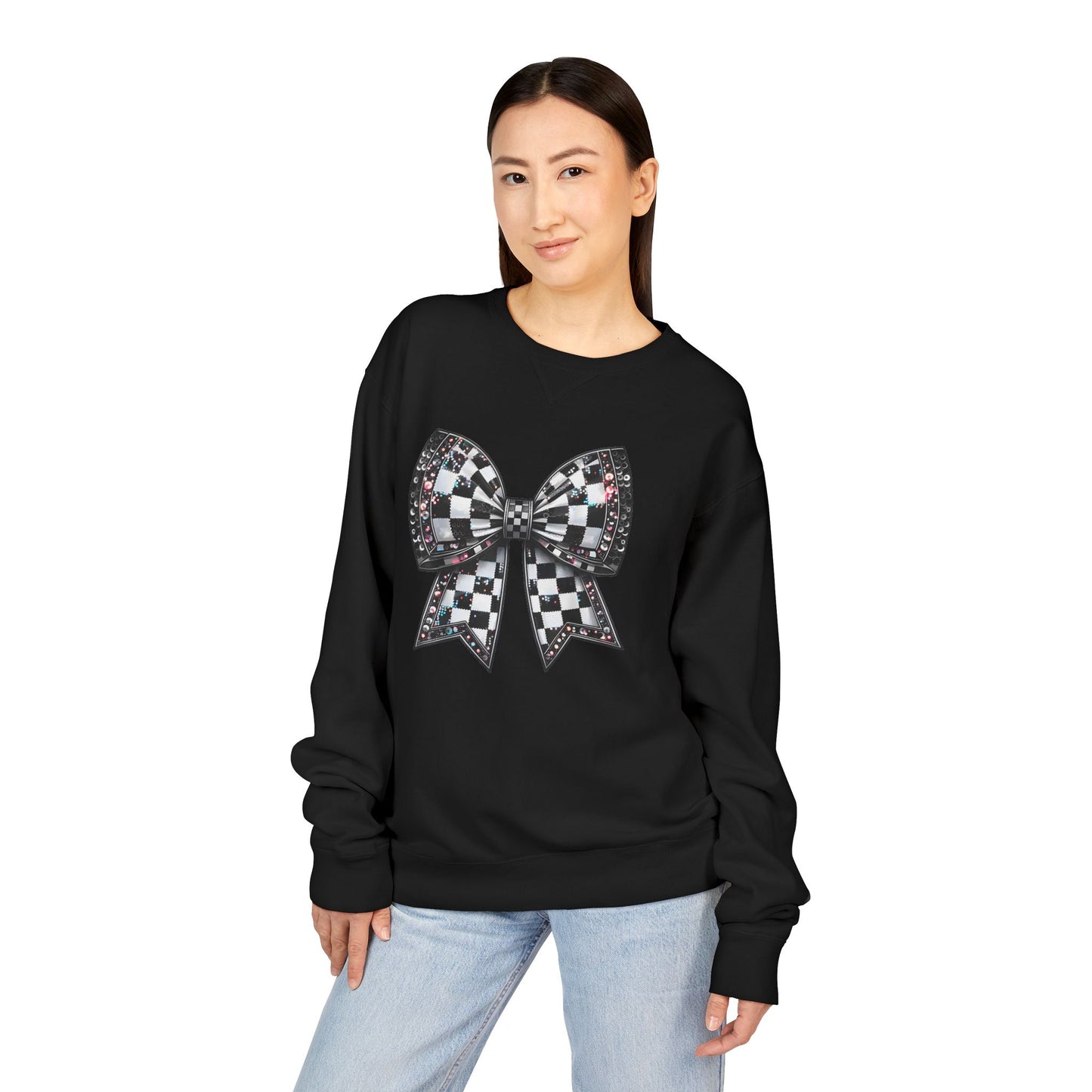 Checkered Bow Sweatshirt - Cozy Crewneck, Gift for Her, Racing Fan Apparel, Casual Style